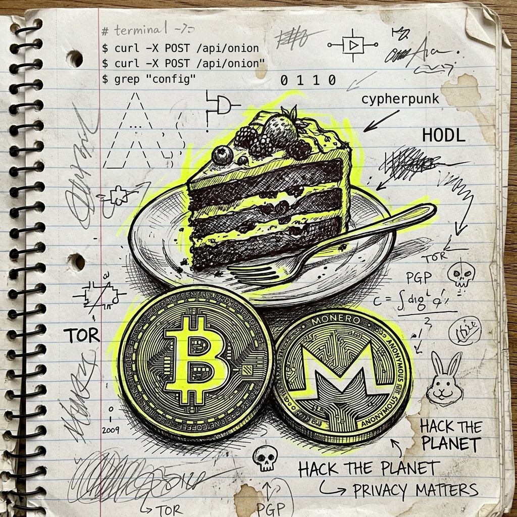 Cake Wallet, Bitcoin, and Monero drawing sketch